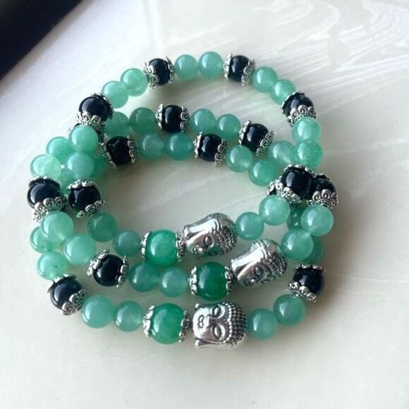 Green aventurine jade obsidian Buddha ONE stretch beaded bracelet NEW reiki medi - Picture 1 of 10